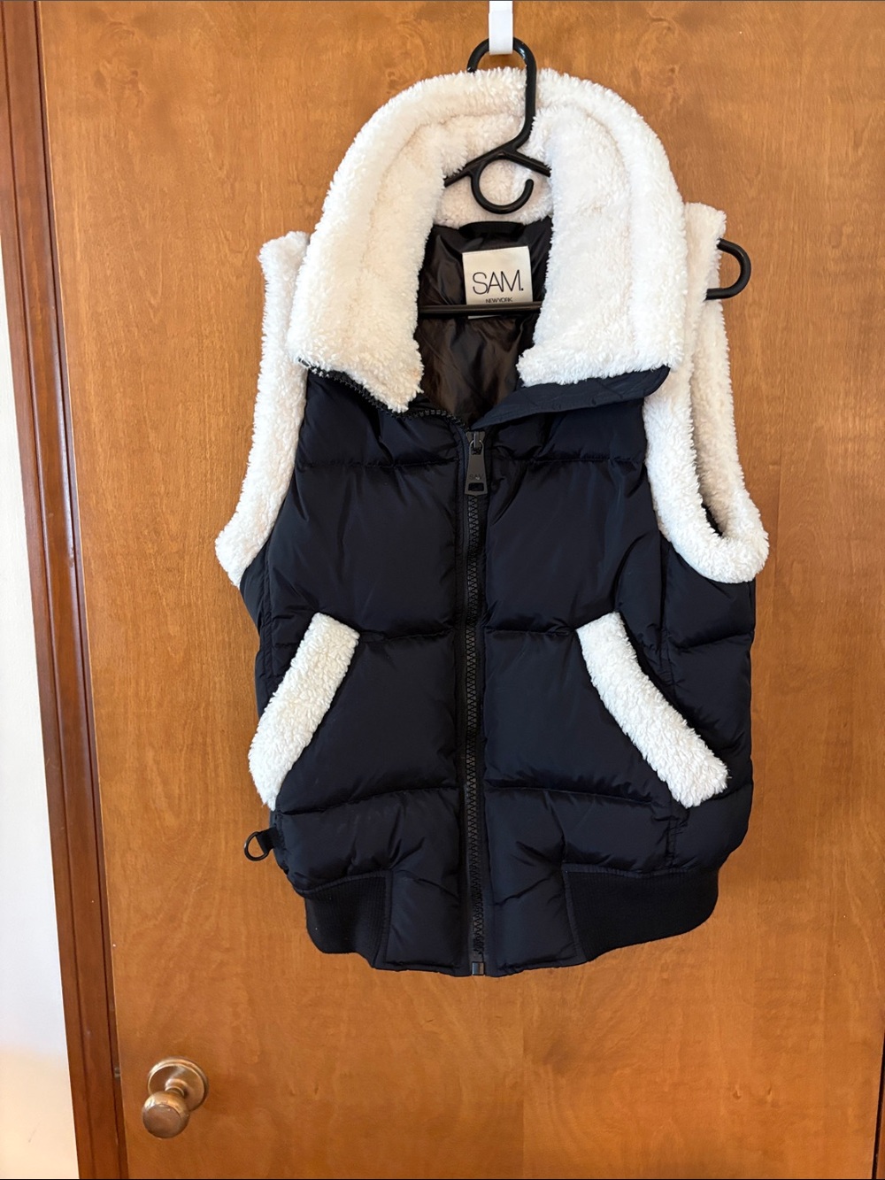 SAM. Black Puffer Vest with White Sherpa Trim